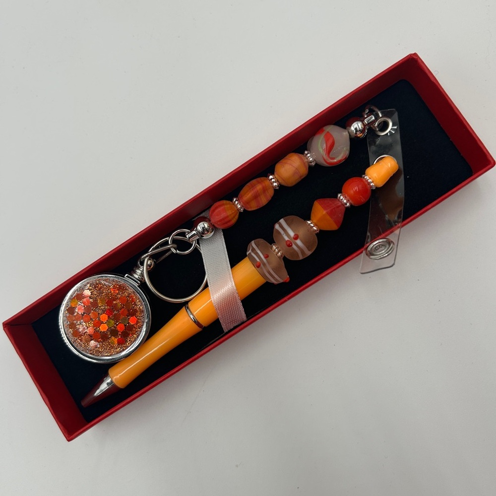 Orange Beaded Pen and Keychain or lanyard Set in gift box